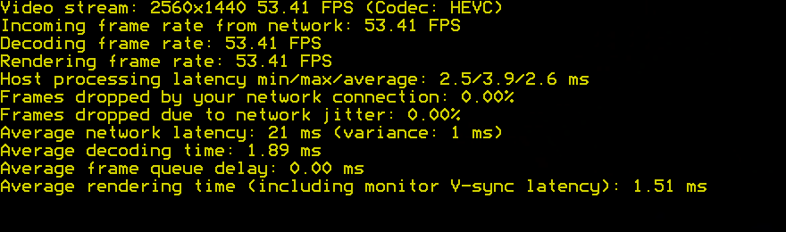 Moonlight’s performance overlay showing host processing latency, network latency, and decoding time