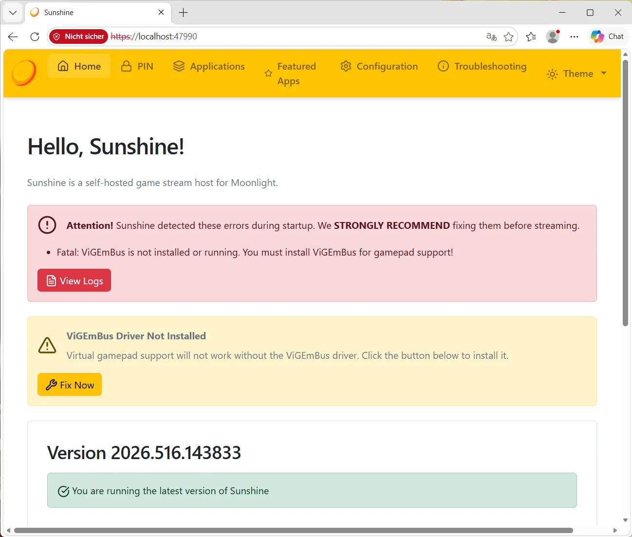 The Sunshine web interface running at localhost:47990