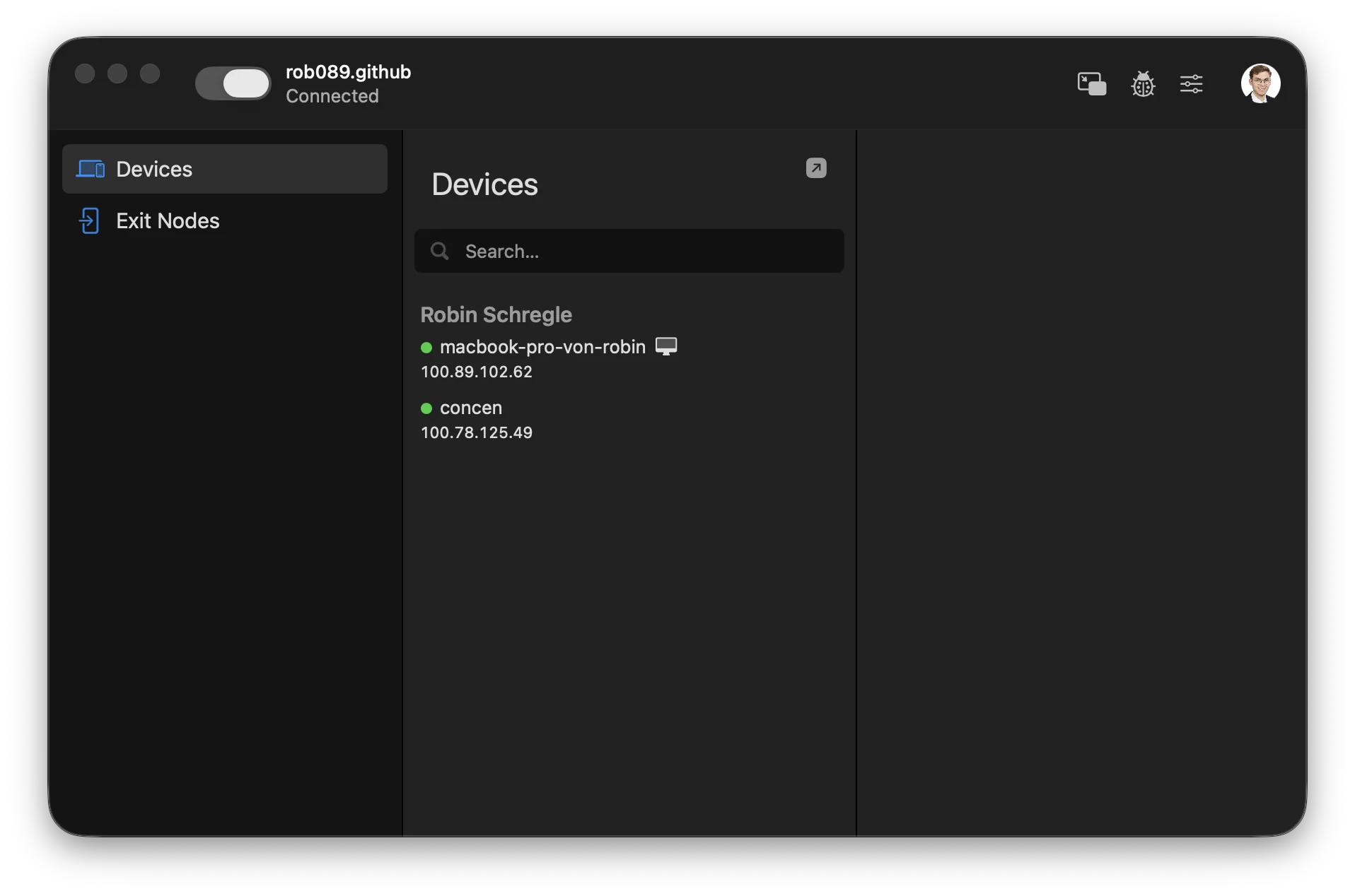 The macOS Tailscale app showing both machines in the tailnet with their Tailscale IPs and MagicDNS names