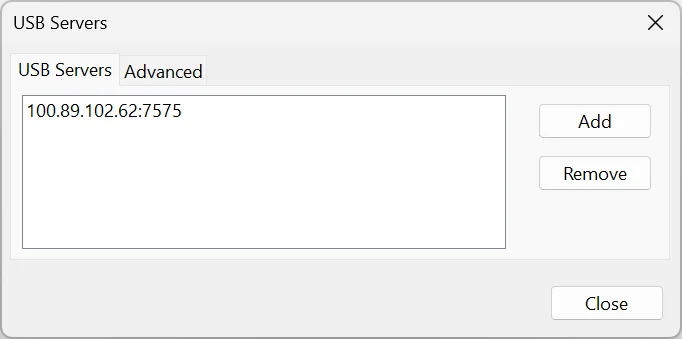 The VirtualHere Specify USB Servers dialog with the Mac’s Tailscale IP and port 7575 entered