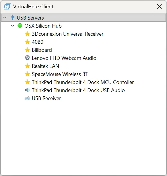 The VirtualHere client on Windows with an empty device list and the USB Servers right-click menu open